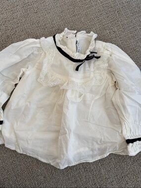 Janie and Jack White Lace-Yoke Blouse with Black Ribbon